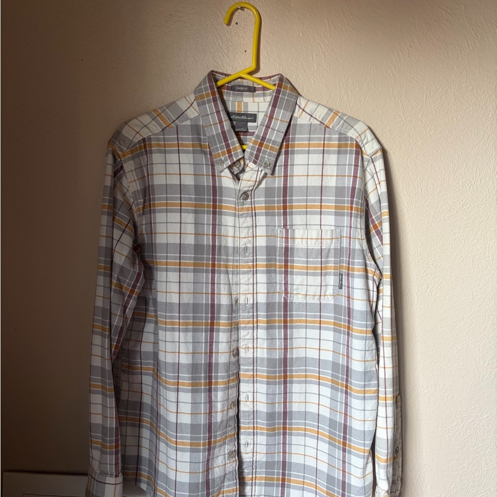 Eddie Bauer Men's Plaid Shirt - White, Gray, and Orange